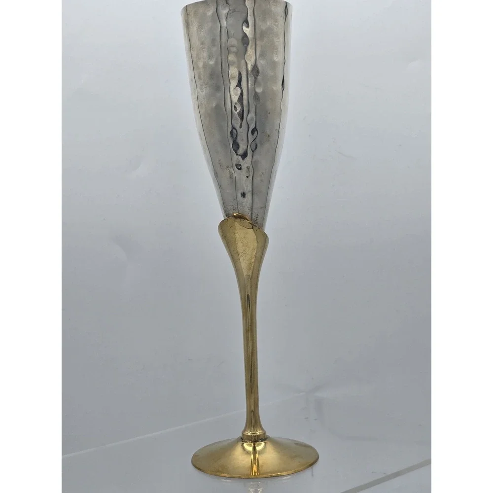 Engraved Brass Goblet Champagne Glass Flute‎ - Silver And Gold Tone
